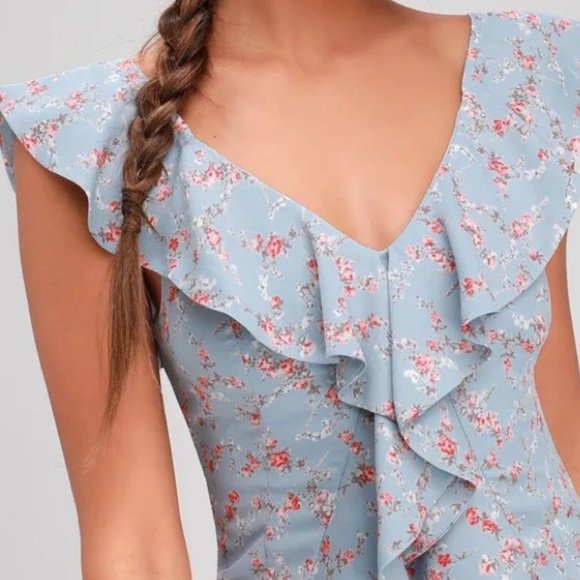 Lulu’s Radiant Rosa Light Blue Floral Print Ruffled Mini Dress Size Small - Picture 3 of 9